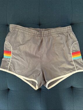 FOURBROS Gray Retro Running Athletic Swim Shorts with Rainbow Trim